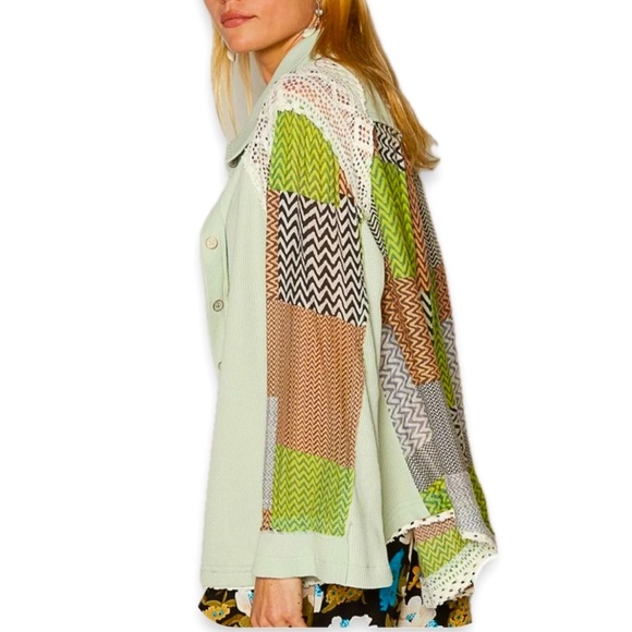 POL Color Block Crochet Long sleeve button down shirt  Oversized Large - Picture 10 of 11